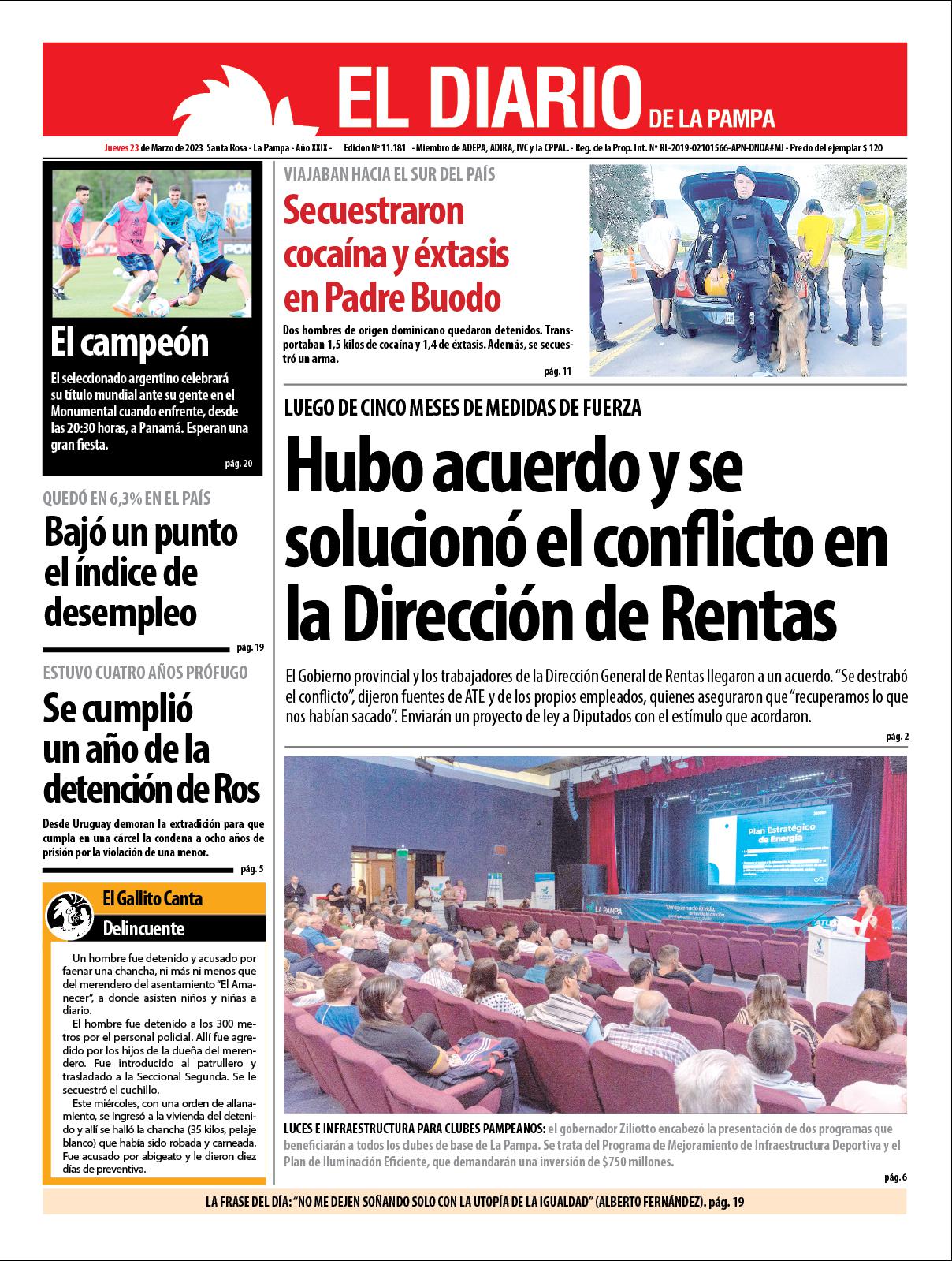 Tapa de El Diario en papel  jueves 23 de marzo de 2023